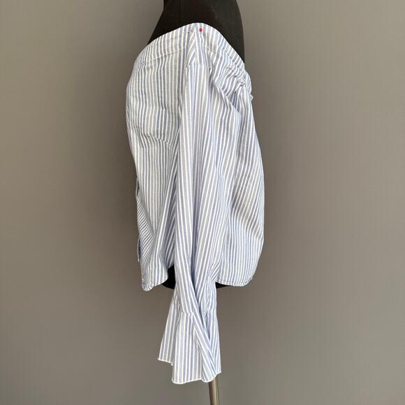 Free people blue and white striped off the shoulder button up  crop top - size S - Picture 5 of 11